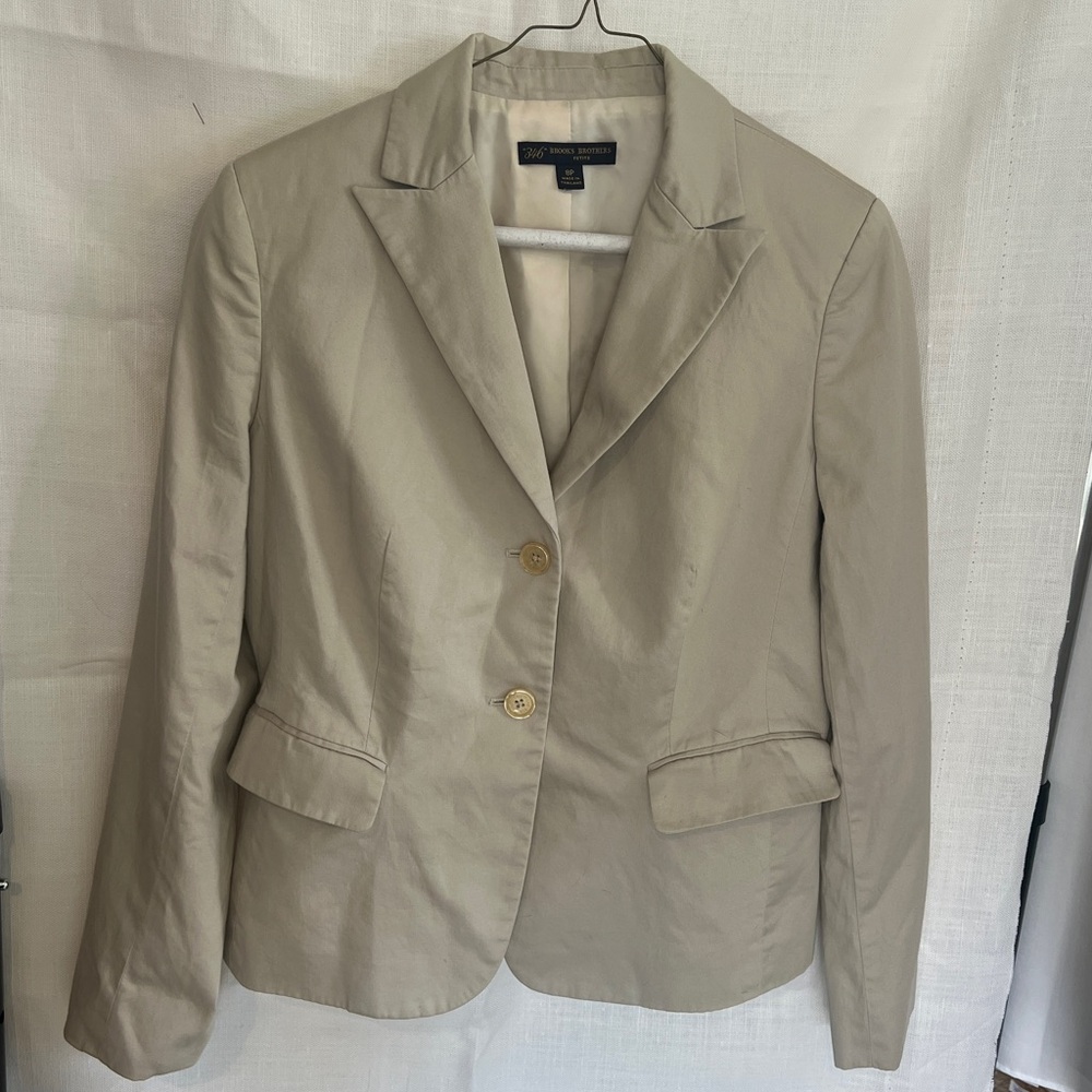 Brooks Brothers 346 Khaki Blazer Women 8 Petite Jacket Cotton Lined 8P Tan